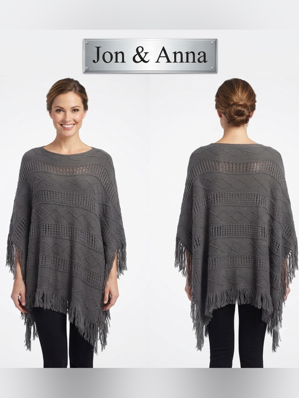 Jon & Anna Lightweight Fringed Gray Poncho OS